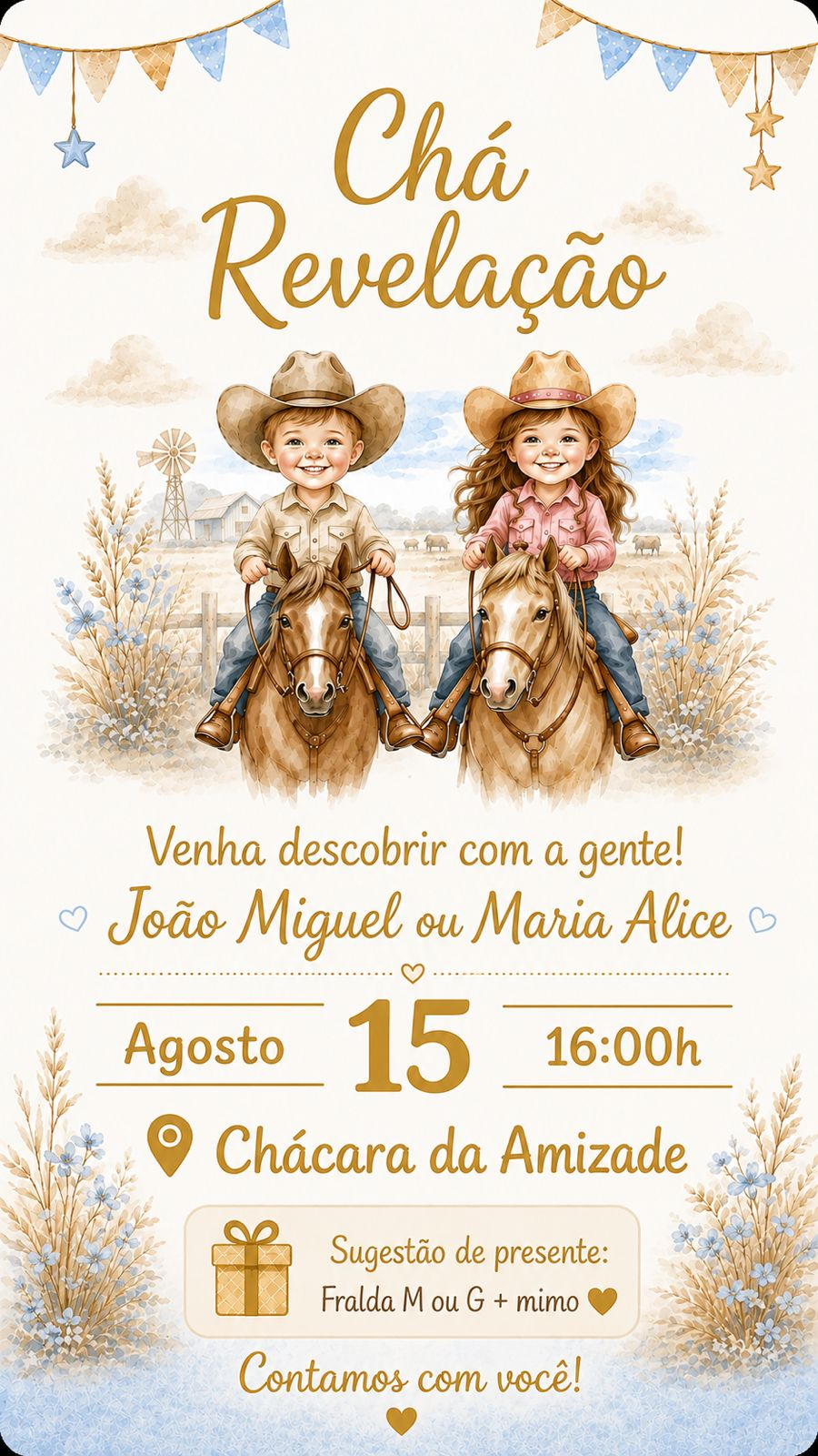 Convite do chá revelação de João Miguel ou Maria Alice